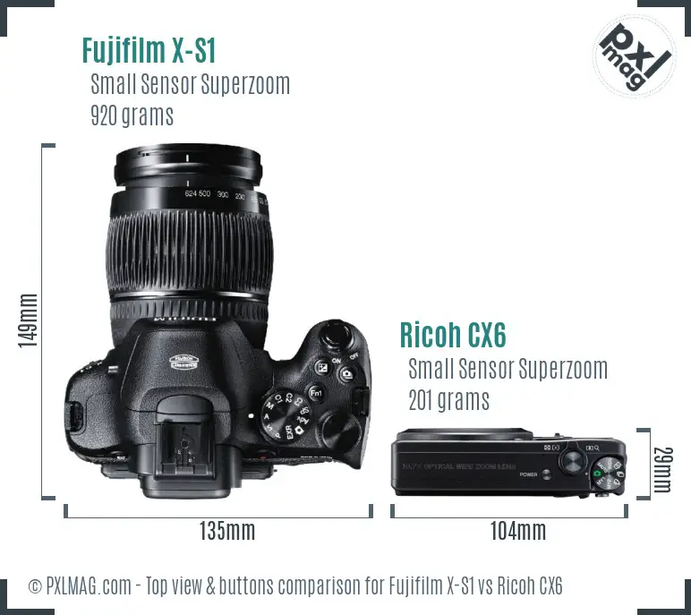 Fujifilm X-S1 vs Ricoh CX6 top view buttons comparison