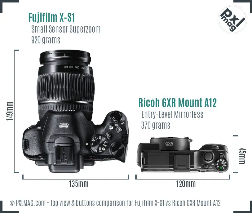 Fujifilm X-S1 vs Ricoh GXR Mount A12 top view buttons comparison