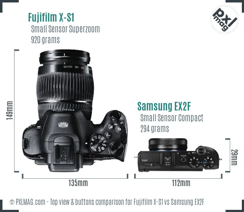 Fujifilm X-S1 vs Samsung EX2F top view buttons comparison