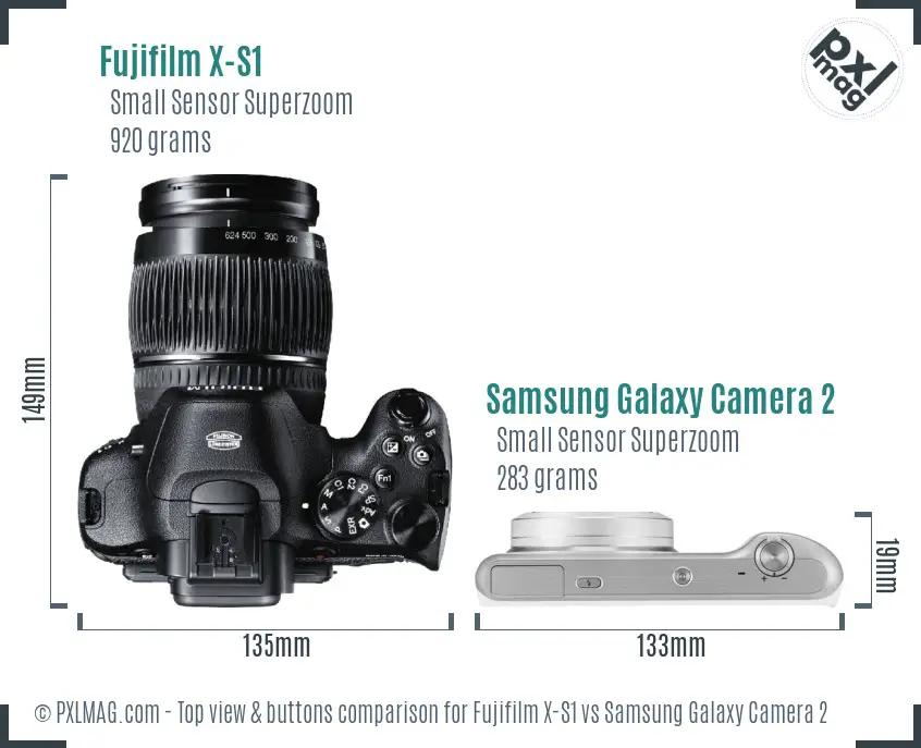 Fujifilm X-S1 vs Samsung Galaxy Camera 2 top view buttons comparison Fujifilm X-S1 vs Samsung Galaxy Camera 2 top view buttons comparison