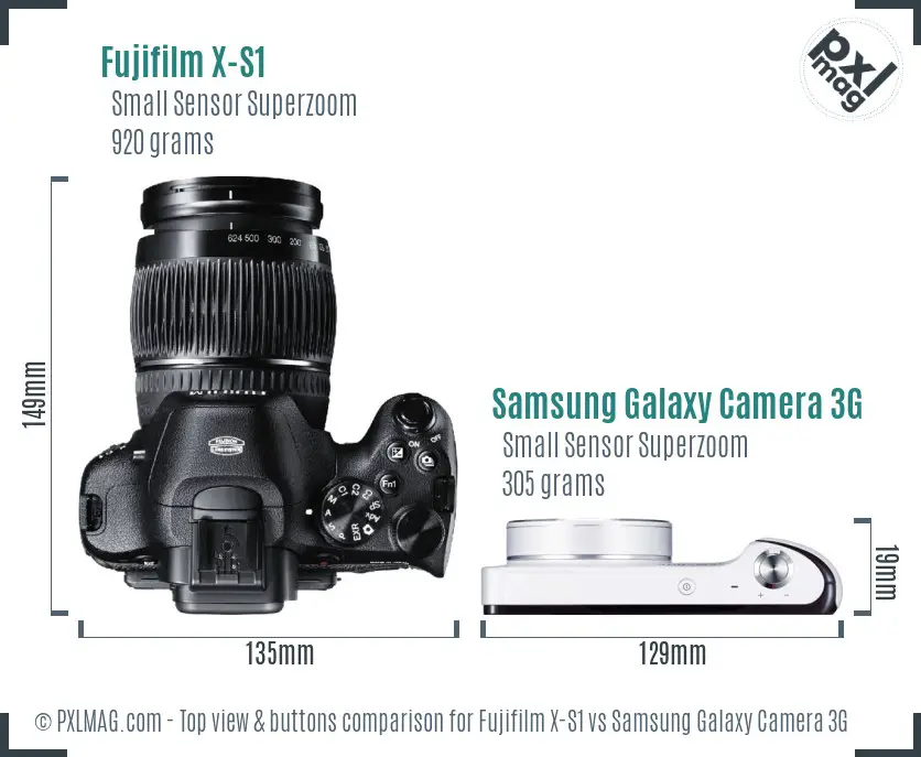 Fujifilm X-S1 vs Samsung Galaxy Camera 3G top view buttons comparison Fujifilm X-S1 vs Samsung Galaxy Camera 3G top view buttons comparison