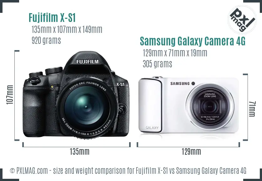 Fujifilm X-S1 vs Samsung Galaxy Camera 4G size comparison