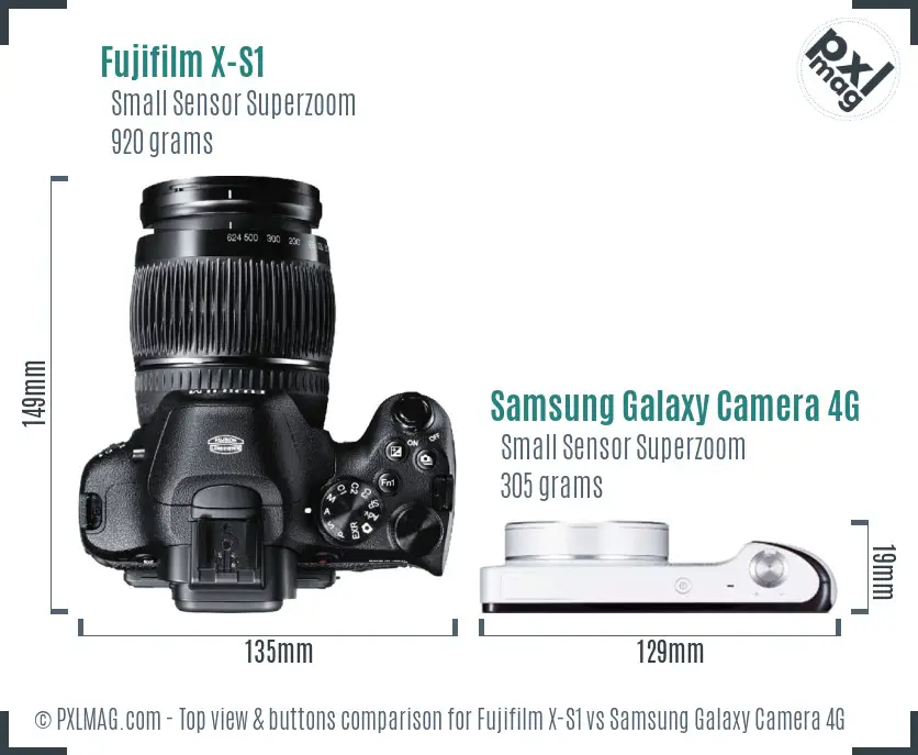 Fujifilm X-S1 vs Samsung Galaxy Camera 4G top view buttons comparison