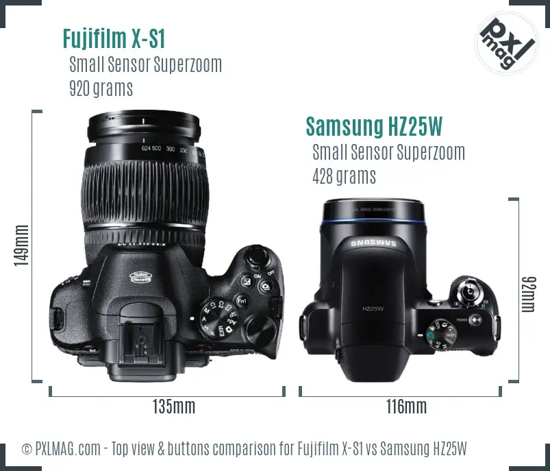 Fujifilm X-S1 vs Samsung HZ25W top view buttons comparison