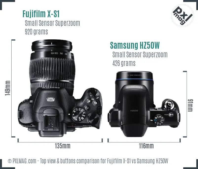 Fujifilm X-S1 vs Samsung HZ50W top view buttons comparison