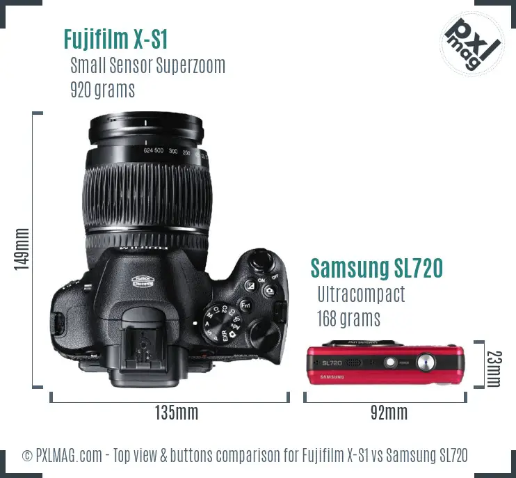 Fujifilm X-S1 vs Samsung SL720 top view buttons comparison