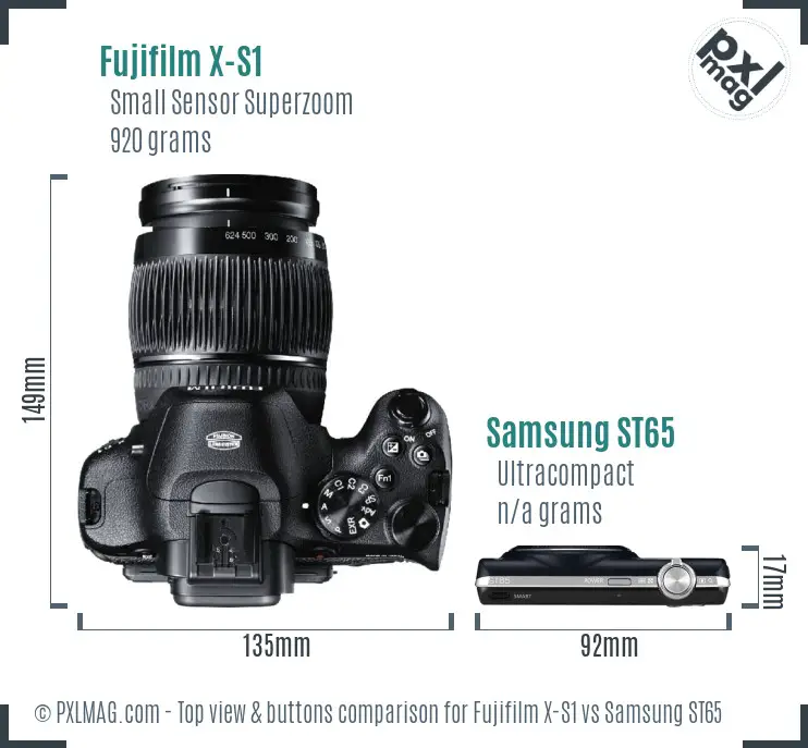 Fujifilm X-S1 vs Samsung ST65 top view buttons comparison
