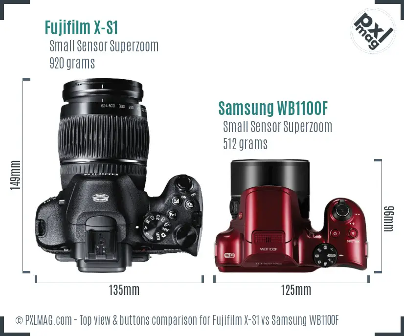 Fujifilm X-S1 vs Samsung WB1100F top view buttons comparison