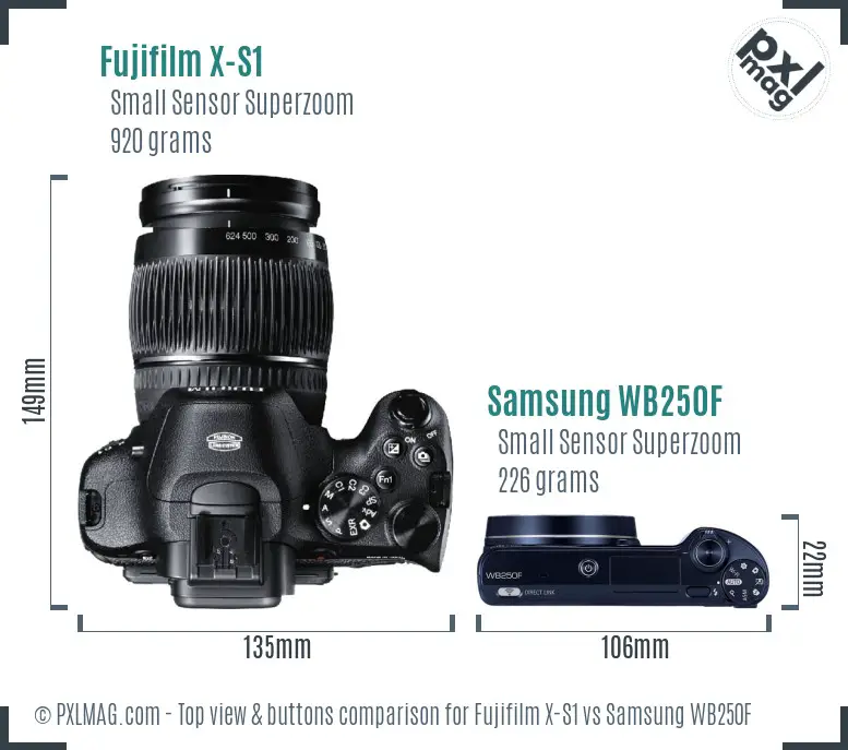 Fujifilm X-S1 vs Samsung WB250F top view buttons comparison