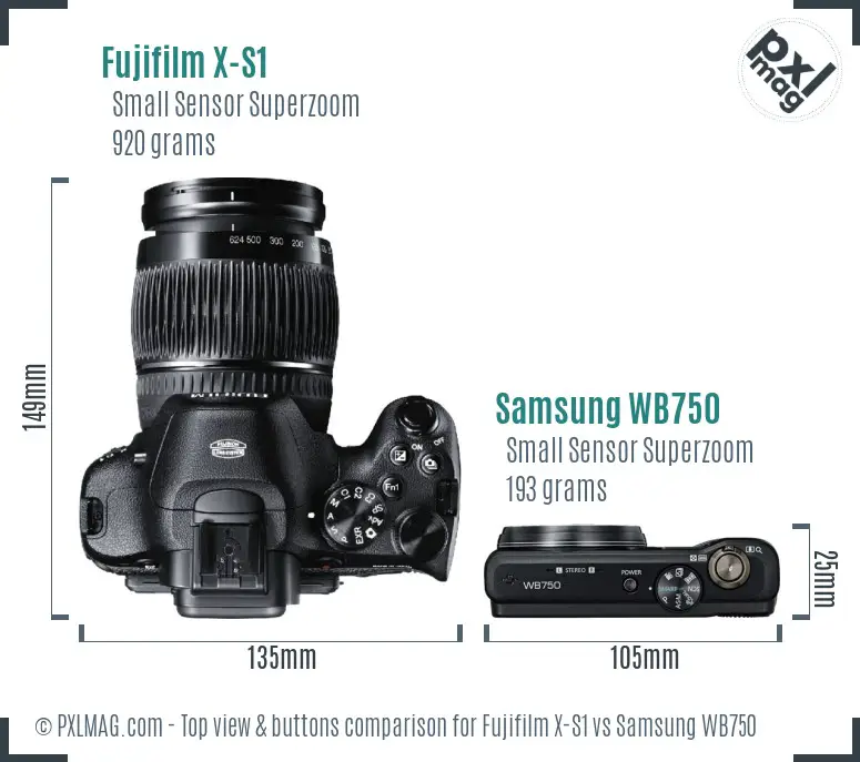 Fujifilm X-S1 vs Samsung WB750 top view buttons comparison