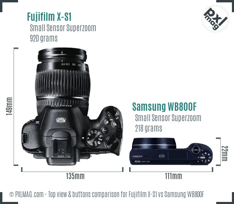 Fujifilm X-S1 vs Samsung WB800F top view buttons comparison