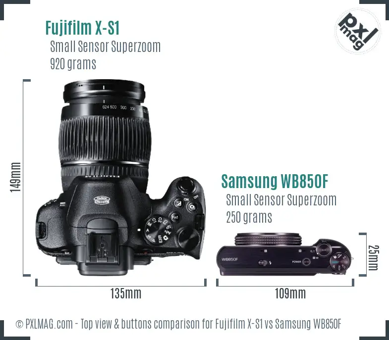 Fujifilm X-S1 vs Samsung WB850F top view buttons comparison Fujifilm X-S1 vs Samsung WB850F top view buttons comparison