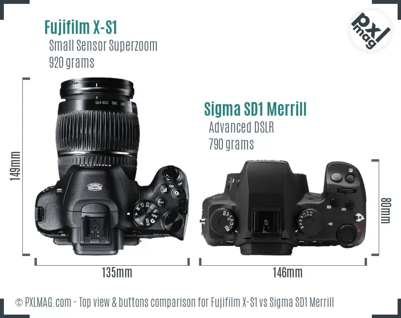 Fujifilm X-S1 vs Sigma SD1 Merrill top view buttons comparison