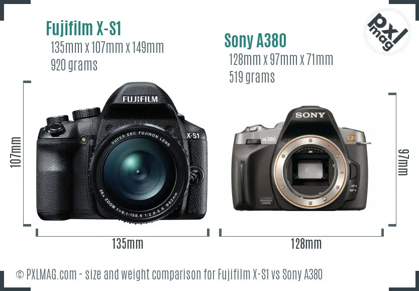 Fujifilm X-S1 vs Sony A380 size comparison