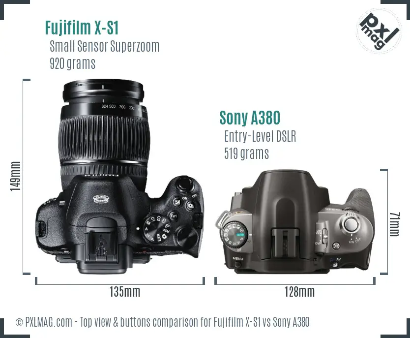Fujifilm X-S1 vs Sony A380 top view buttons comparison
