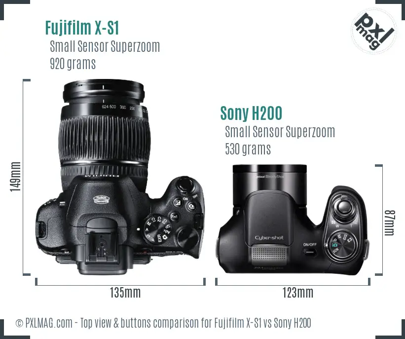 Fujifilm X-S1 vs Sony H200 top view buttons comparison Fujifilm X-S1 vs Sony H200 top view buttons comparison