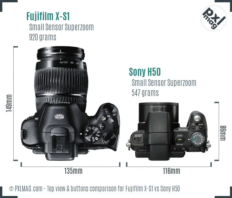 Fujifilm X-S1 vs Sony H50 top view buttons comparison
