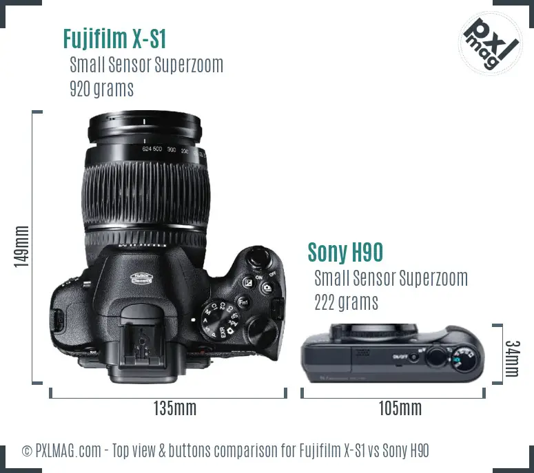 Fujifilm X-S1 vs Sony H90 top view buttons comparison