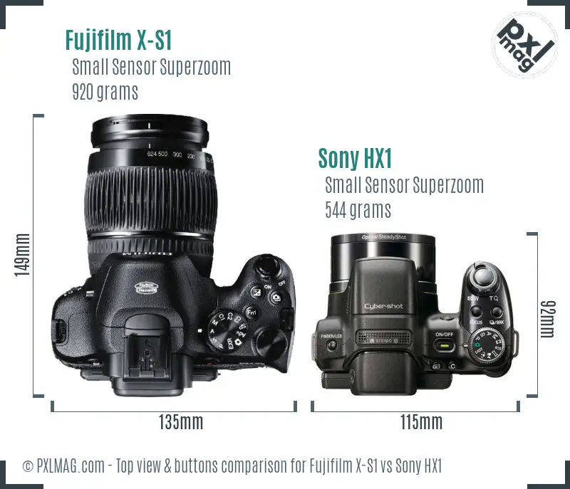 Fujifilm X-S1 vs Sony HX1 top view buttons comparison Fujifilm X-S1 vs Sony HX1 top view buttons comparison