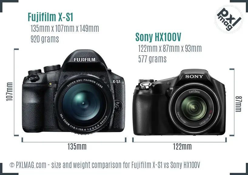 Fujifilm X-S1 vs Sony HX100V size comparison