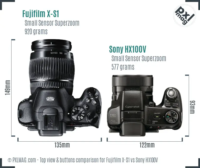 Fujifilm X-S1 vs Sony HX100V top view buttons comparison