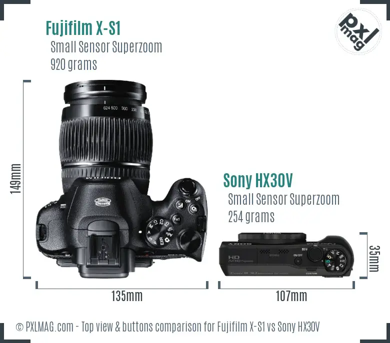 Fujifilm X-S1 vs Sony HX30V top view buttons comparison