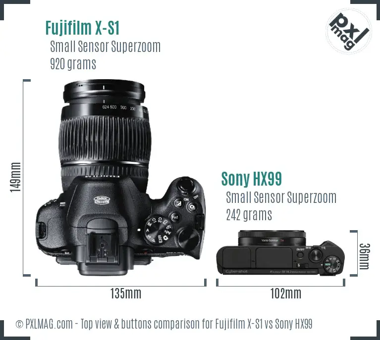 Fujifilm X-S1 vs Sony HX99 top view buttons comparison