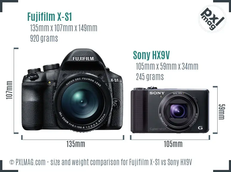 Fujifilm X-S1 vs Sony HX9V size comparison