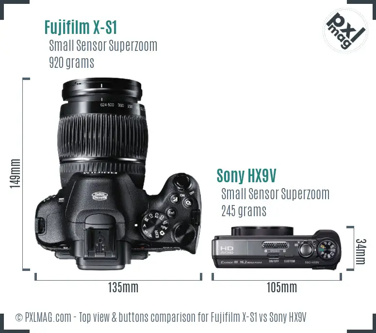Fujifilm X-S1 vs Sony HX9V top view buttons comparison