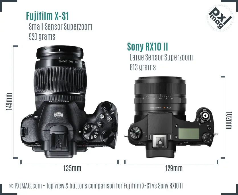 Fujifilm X-S1 vs Sony RX10 II top view buttons comparison