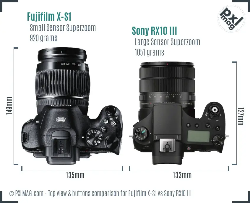 Fujifilm X-S1 vs Sony RX10 III top view buttons comparison