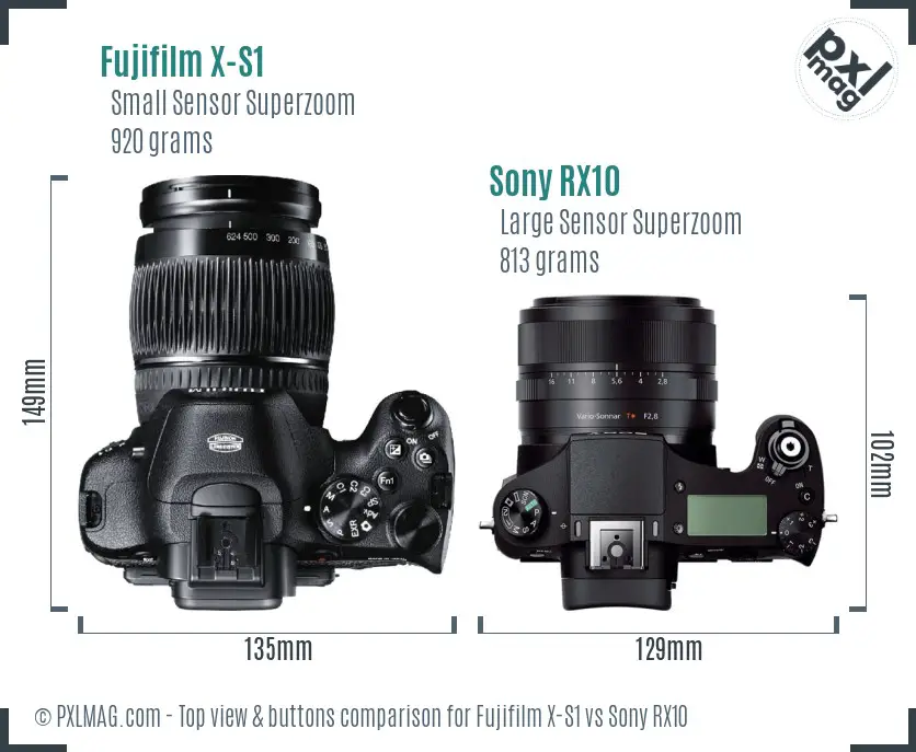 Fujifilm X-S1 vs Sony RX10 top view buttons comparison Fujifilm X-S1 vs Sony RX10 top view buttons comparison
