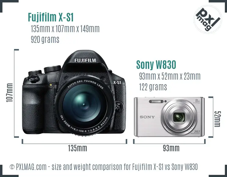 Fujifilm X-S1 vs Sony W830 size comparison