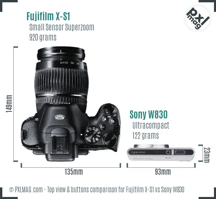 Fujifilm X-S1 vs Sony W830 top view buttons comparison