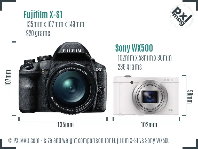 Fujifilm X-S1 vs Sony WX500 size comparison