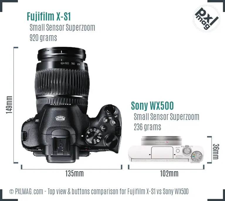 Fujifilm X-S1 vs Sony WX500 top view buttons comparison