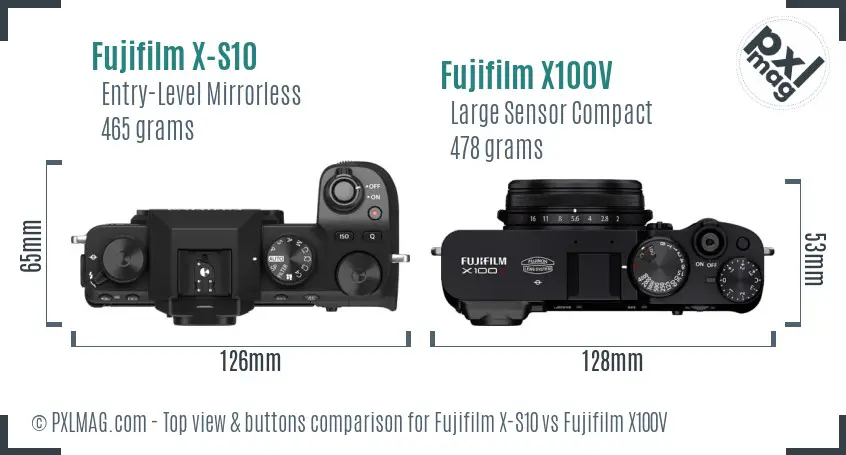 Fujifilm X-S10 vs Fujifilm X100V top view buttons comparison