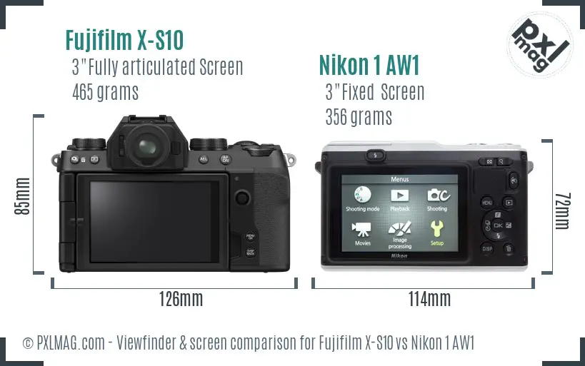 Fujifilm X-S10 vs Nikon 1 AW1 Screen and Viewfinder comparison