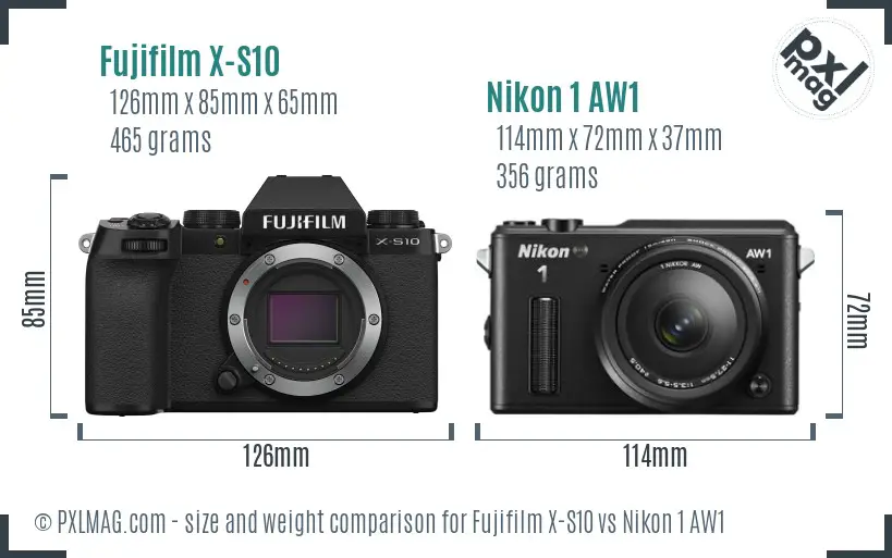 Fujifilm X-S10 vs Nikon 1 AW1 size comparison