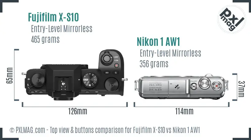Fujifilm X-S10 vs Nikon 1 AW1 top view buttons comparison