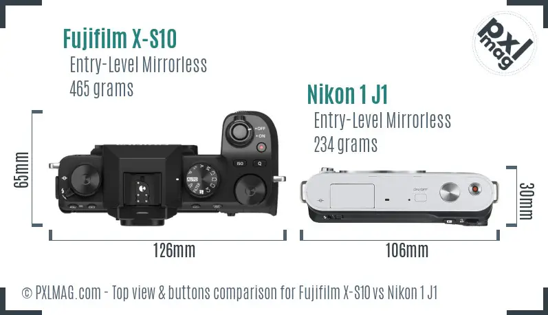 Fujifilm X-S10 vs Nikon 1 J1 top view buttons comparison