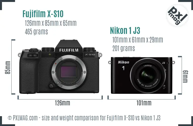 Fujifilm X-S10 vs Nikon 1 J3 size comparison
