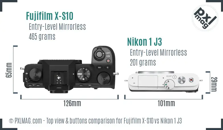 Fujifilm X-S10 vs Nikon 1 J3 top view buttons comparison