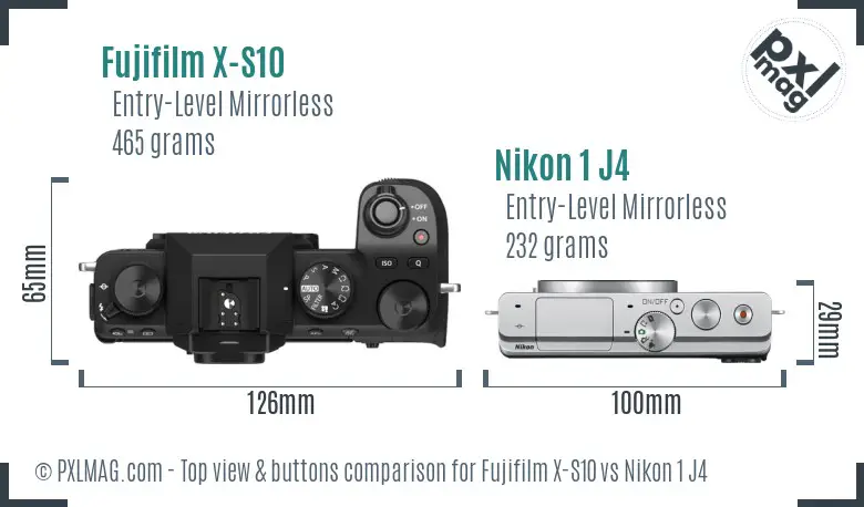 Fujifilm X-S10 vs Nikon 1 J4 top view buttons comparison
