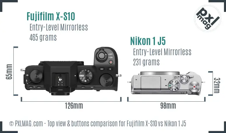 Fujifilm X-S10 vs Nikon 1 J5 top view buttons comparison
