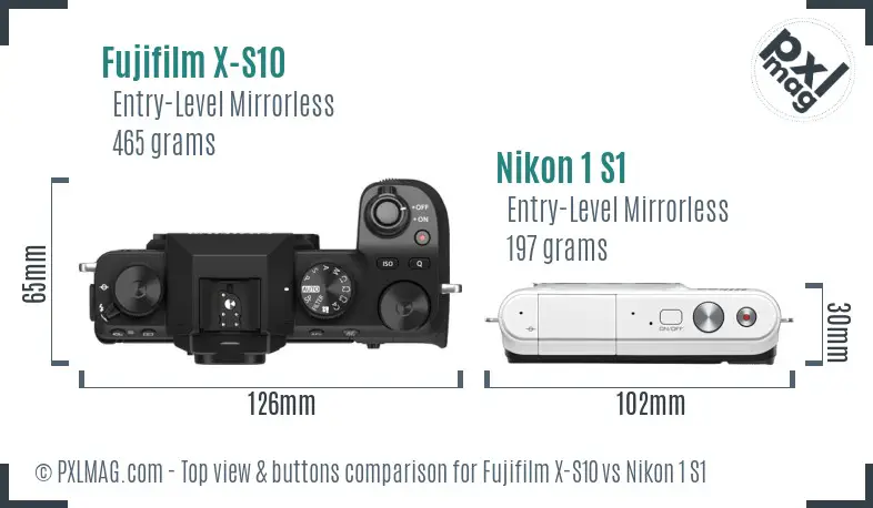 Fujifilm X-S10 vs Nikon 1 S1 top view buttons comparison