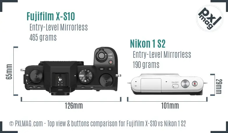 Fujifilm X-S10 vs Nikon 1 S2 top view buttons comparison
