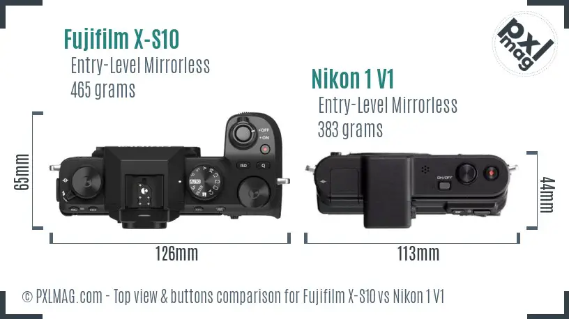 Fujifilm X-S10 vs Nikon 1 V1 top view buttons comparison