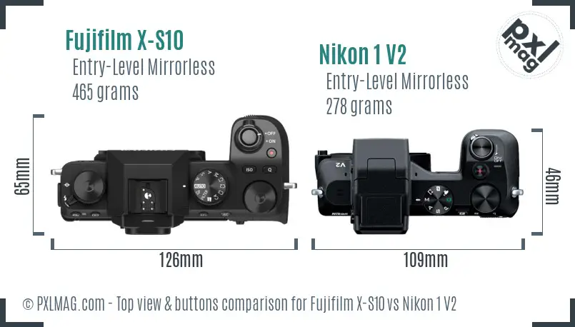 Fujifilm X-S10 vs Nikon 1 V2 top view buttons comparison