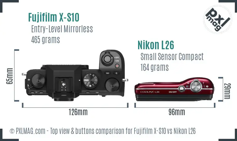 Fujifilm X-S10 vs Nikon L26 top view buttons comparison